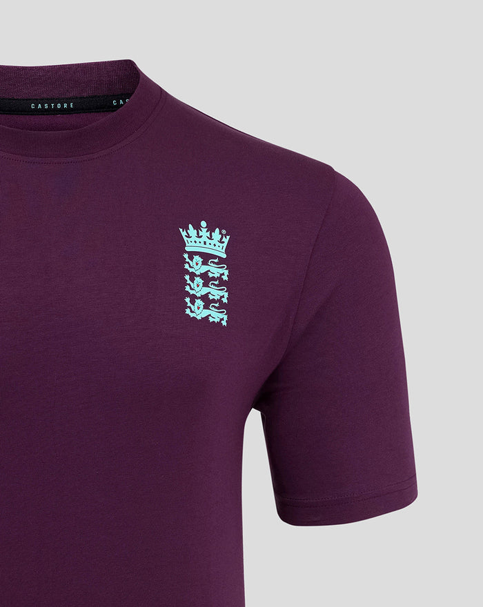Front view of purple ECB training tee with light blue Castore wing logo on left chest and England crest on right chest.