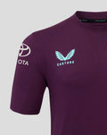 Close up of purple ECB training tee showing light blue Castore wing logo on chest and Toyota sponsor logo on sleeve.