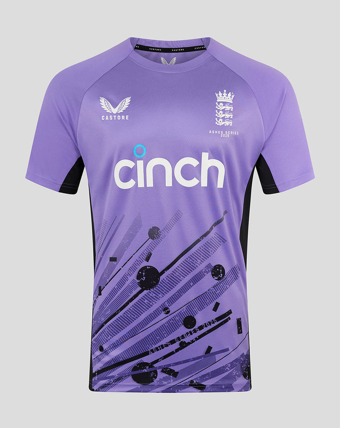 Front view of purple ECB Ashes 2025 training tee with Cinch sponsor across the chest, ECB crest left chest and Castore logo right chest plus black side panels