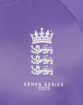 Close-up of white ECB crest and Ashes Series 2025 logo on purple training tee