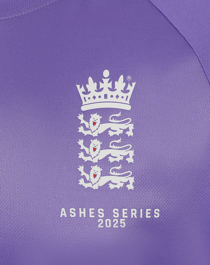Close-up of white ECB crest and Ashes Series 2025 logo on purple training tee