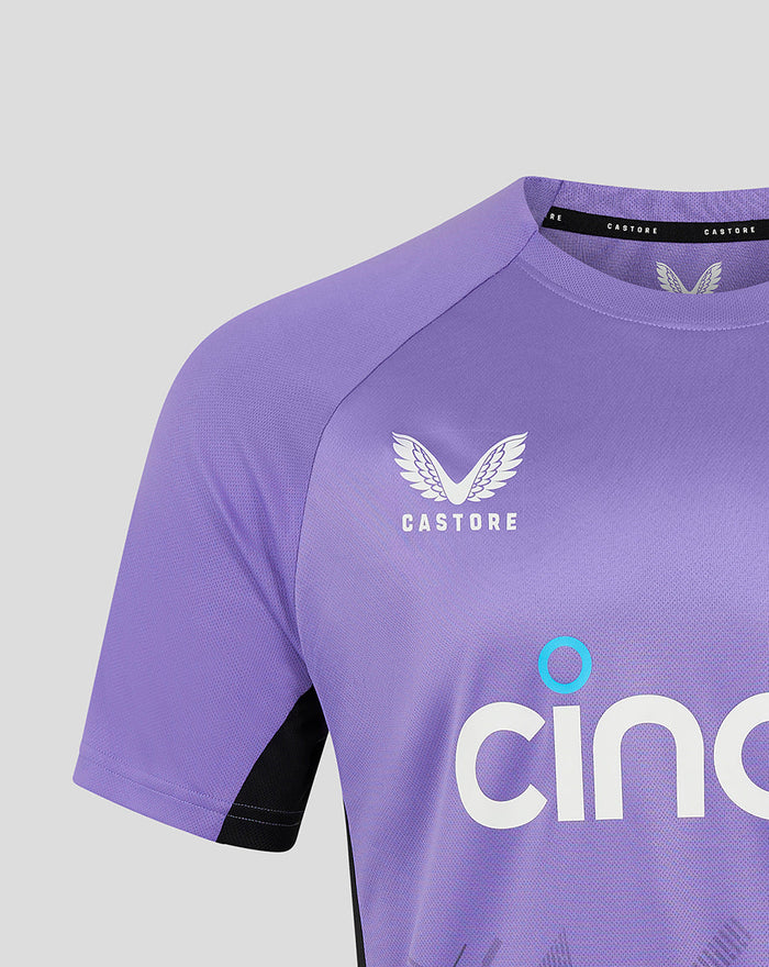 Purple ECB training tee with left chest ECB crest and right chest Castore logo; Cinch sponsor across the front and contrast side panels.