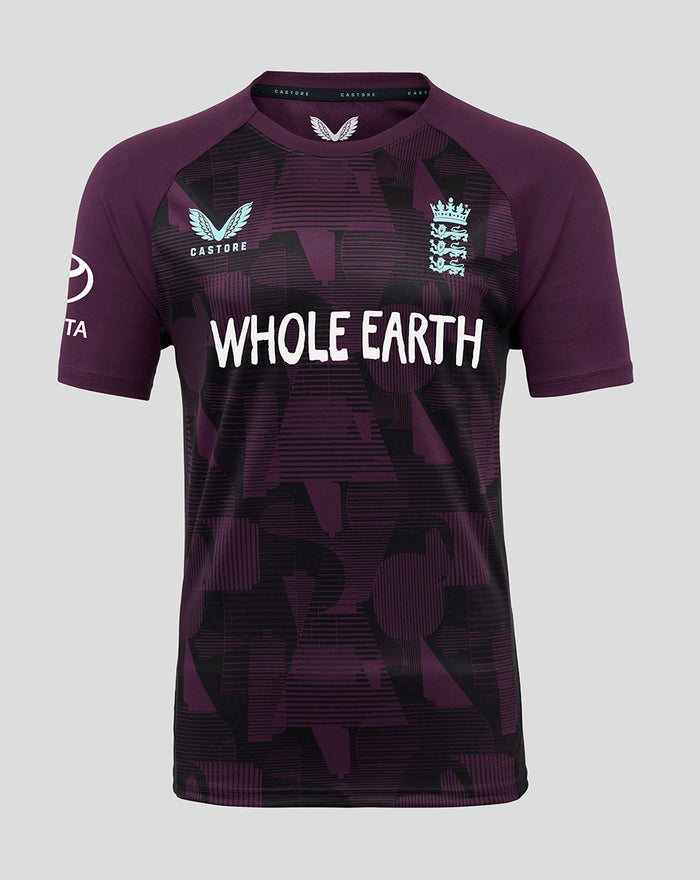 Front view of a purple England cricket pro training short sleeve shirt with Whole Earth graphic
