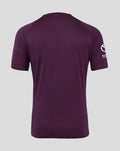 Back view of purple England cricket pro training short sleeve T shirt with plain back and a white sleeve logo.