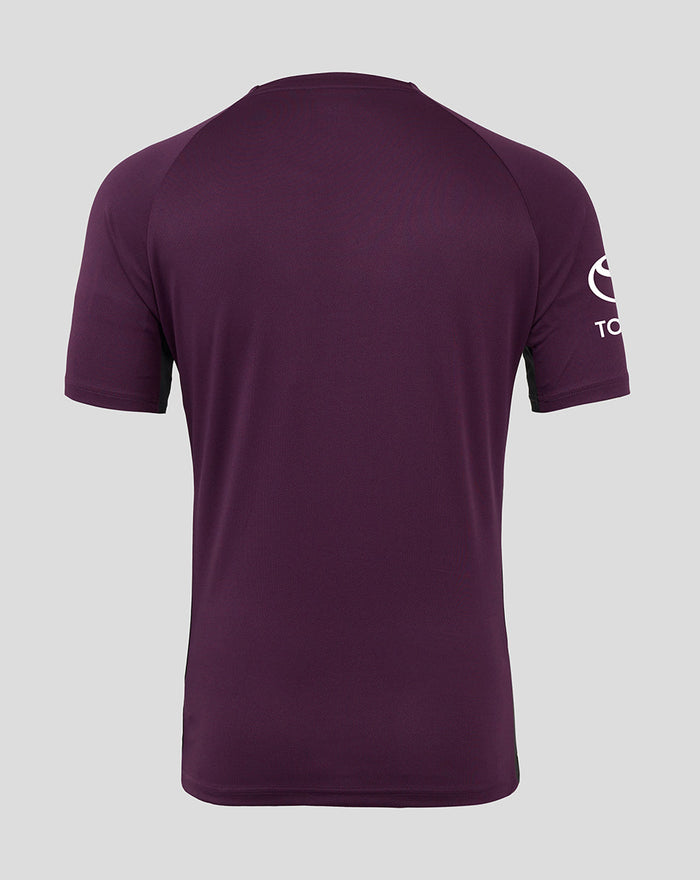 Back view of purple England cricket pro training short sleeve T shirt with plain back and a white sleeve logo.