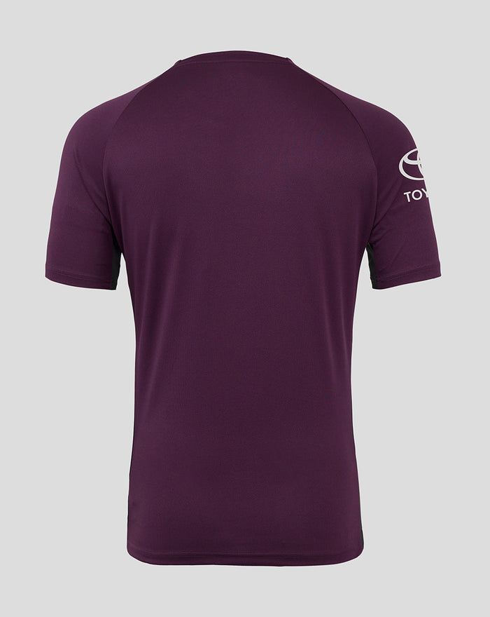 Back view of blackberry wine and caviar England training tee showing solid back, raglan sleeves and Toyota branding on the sleeve