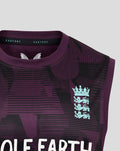 Close-up of the purple England cricket vest collar showing Castore branding and the England crest on the chest