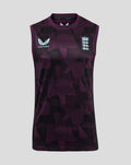 Front view of ECB training vest with purple and black abstract print and light blue England crest on the left chest.