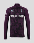 Front view of a purple England cricket pro quarter zip training top with crest and Whole Earth graphic