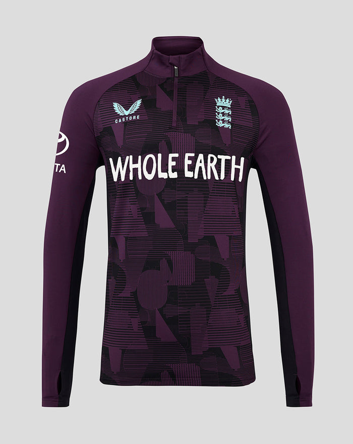 Front view of a purple England cricket pro quarter zip training top with crest and Whole Earth graphic