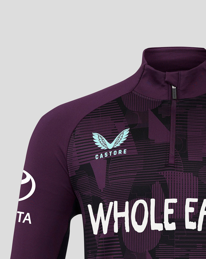 Front close-up of purple England cricket training top with light blue Castore wing logo and bold white lettering.