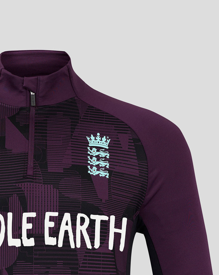 Close up of the purple England cricket pro quarter zip training top showing collar zipper and chest crest