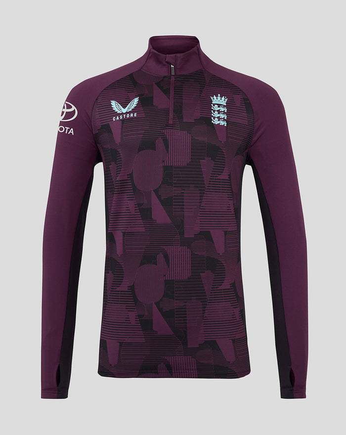 Front view of ECB Men 25/26 1/4 Zip Training Top with tall funnel neck and quarter zip, featuring Castore and England crests