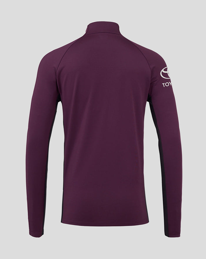 Back view of maroon ECB Pro Training Midlayer with raglan sleeves and tall funnel neck; Toyota logo on the right sleeve.