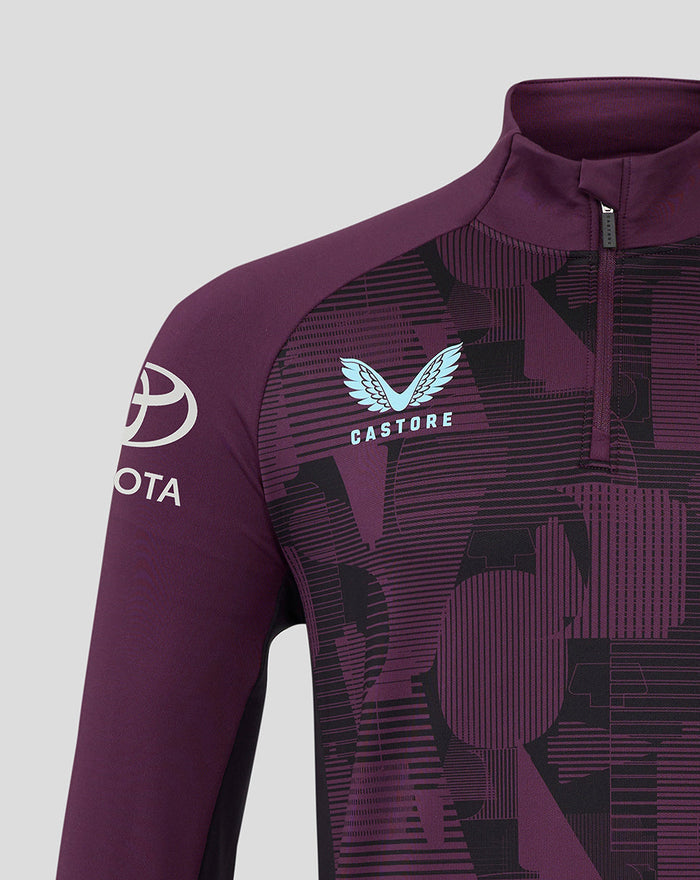 Close up of maroon ECB training top showing a center front quarter zip and blue Castore logo with the England crest on the chest.