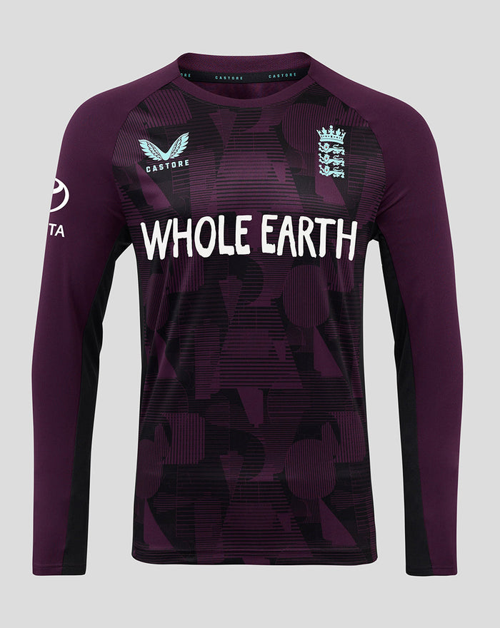Front view of a purple England cricket pro training long sleeve top with Whole Earth logo and crest