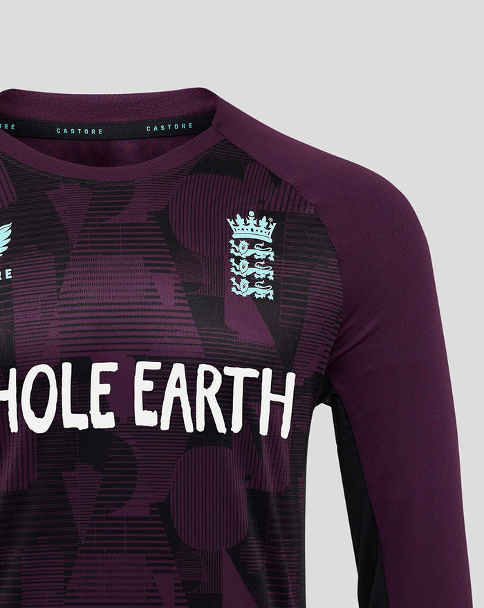 England cricket pro training long sleeve shirt in deep purple with a light blue crest on the chest and Whole Earth across the front
