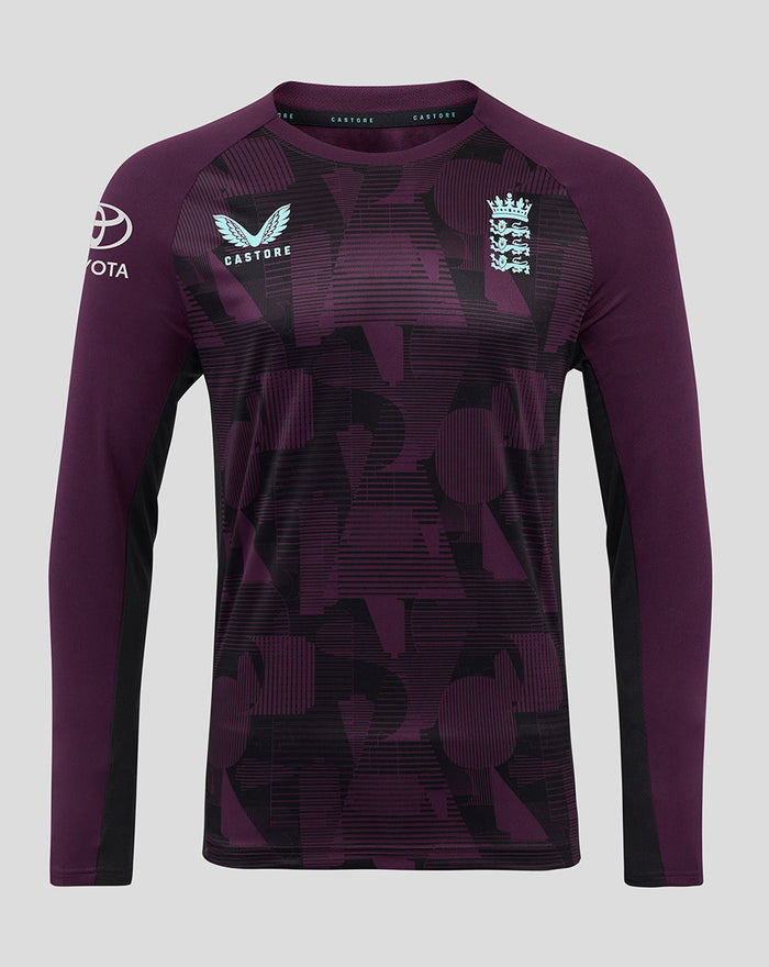 Front view of ECB Men's 25/26 Training Long Sleeve Tee in dark purple with geometric pattern and England crest on the chest