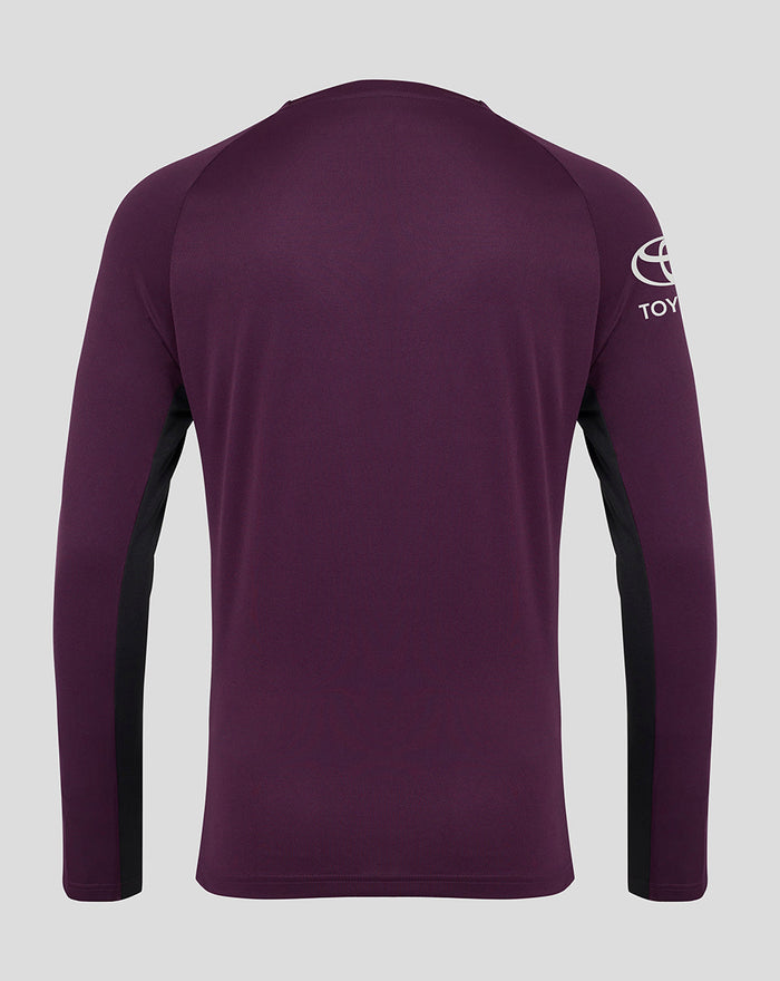 Back view of ECB Men's 25/26 Training Long Sleeve Tee in dark purple with black side panels and Toyota logo on the left sleeve