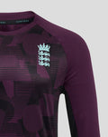 Close up of ECB training long sleeve tee with England crest on chest and purple color blocking