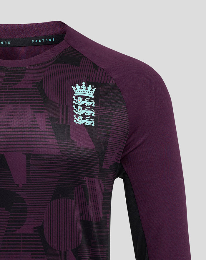 Close up of ECB training long sleeve tee with England crest on chest and purple color blocking