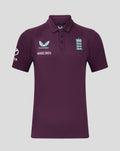 Front view of maroon England Cricket Pro Presentation Polo with light blue crest on chest and Whole Earth sponsor text