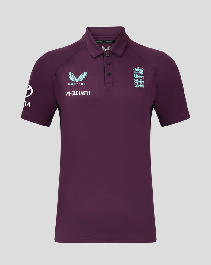 Front view of maroon England Cricket Pro Presentation Polo with light blue crest on chest and Whole Earth sponsor text