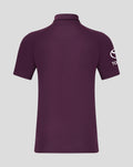 Back view of a maroon polo with stand collar and a partial white sleeve logo