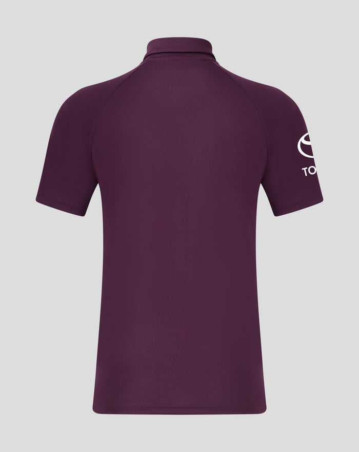 Back view of a maroon polo with stand collar and a partial white sleeve logo