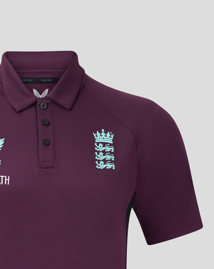 Close up of maroon England Cricket Pro Presentation Polo collar and chest logos with light blue crest near the placket