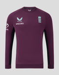 Front view of maroon England Cricket Pro Training Sweatshirt with light blue Castore logo and England crest on chest and Whole Earth text