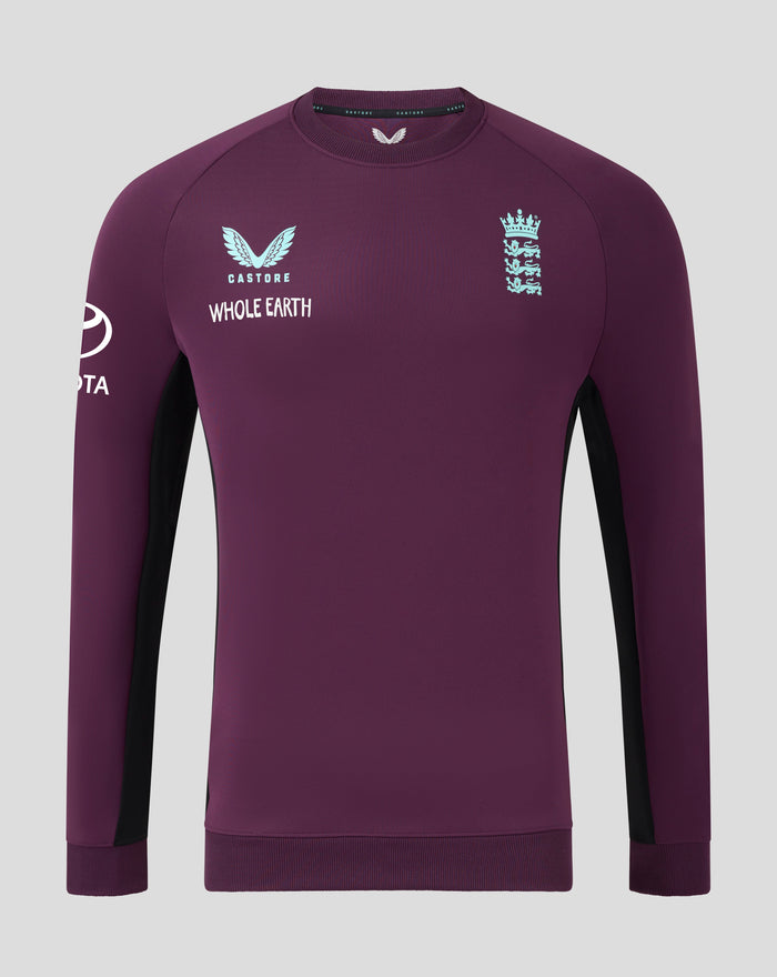 Front view of maroon England Cricket Pro Training Sweatshirt with light blue Castore logo and England crest on chest and Whole Earth text