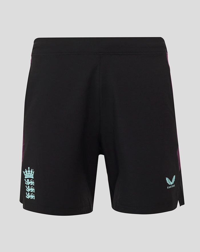 Black ECB training shorts with light blue England crest on the left leg and purple side panels.