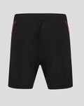 Back view of black ECB training shorts with purple side panels.