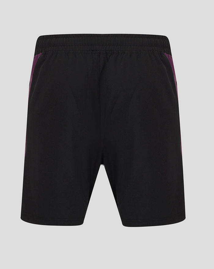 Back view of black ECB training shorts with purple side panels.