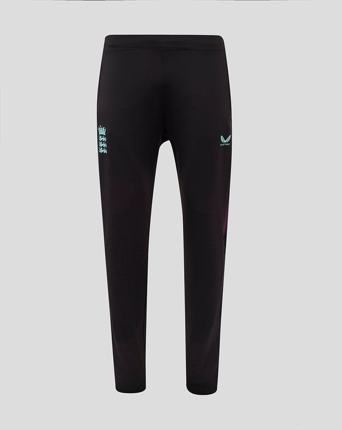 Back view of black training pants with purple side panels and turquoise logos.