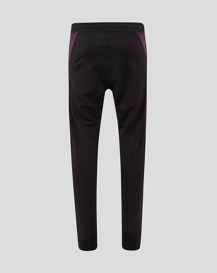 Back view of ECB Men's 25/26 Training Pants in black with purple side panels and an adjustable waistband.