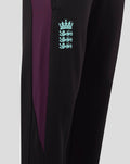 Close up of ECB training pants showing purple side panel and a teal three lions crest on the leg.