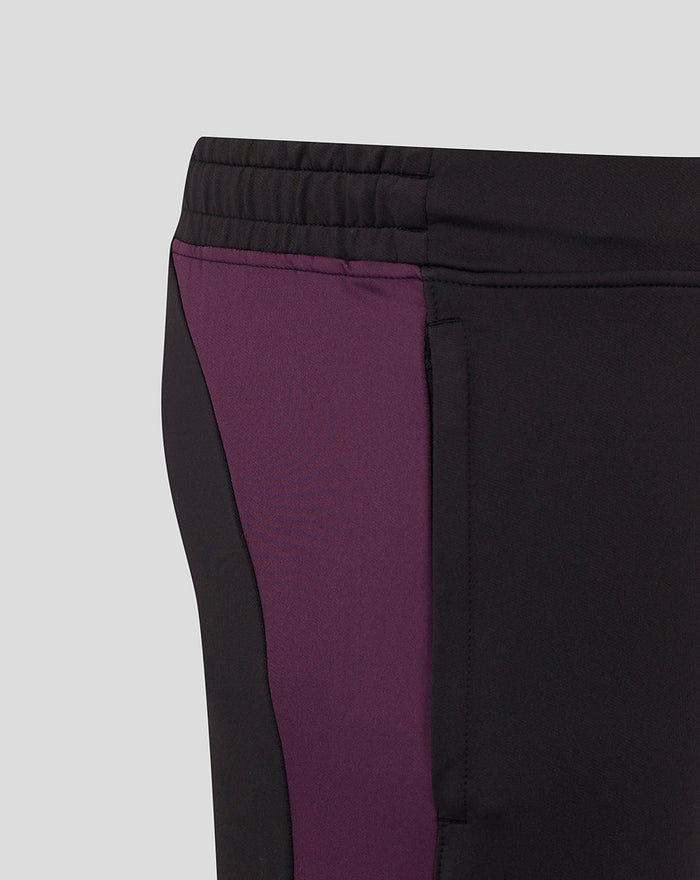 Close-up of black training pants showing a purple side panel against dark fabric.
