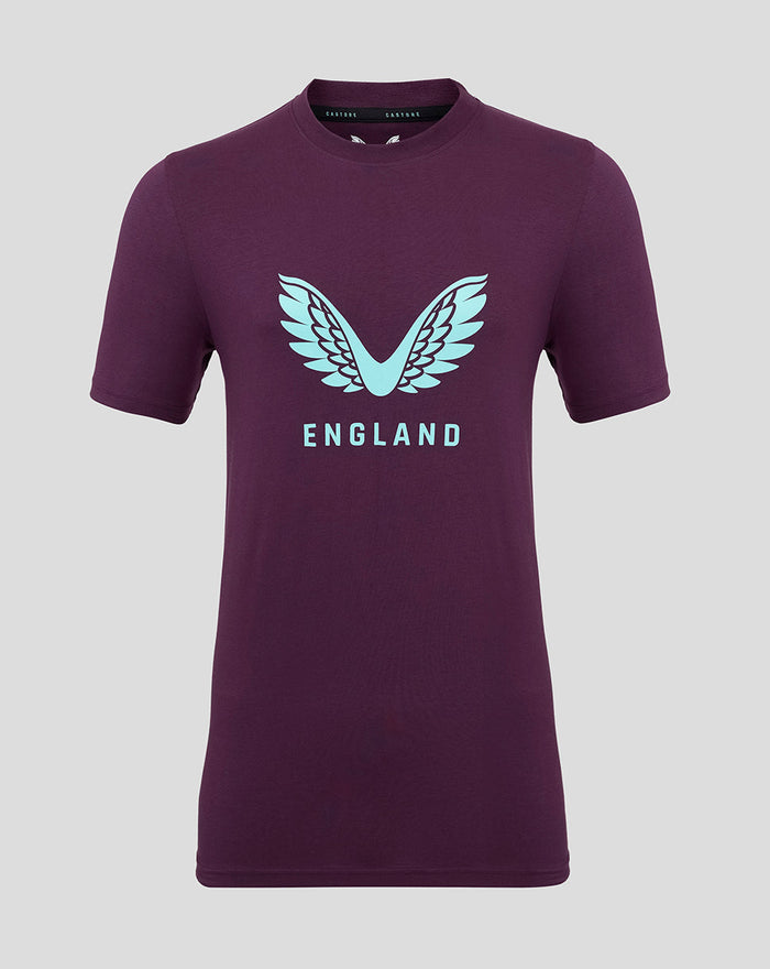 Dark purple men's T shirt with light blue England wings logo and ENGLAND lettering centered on the chest