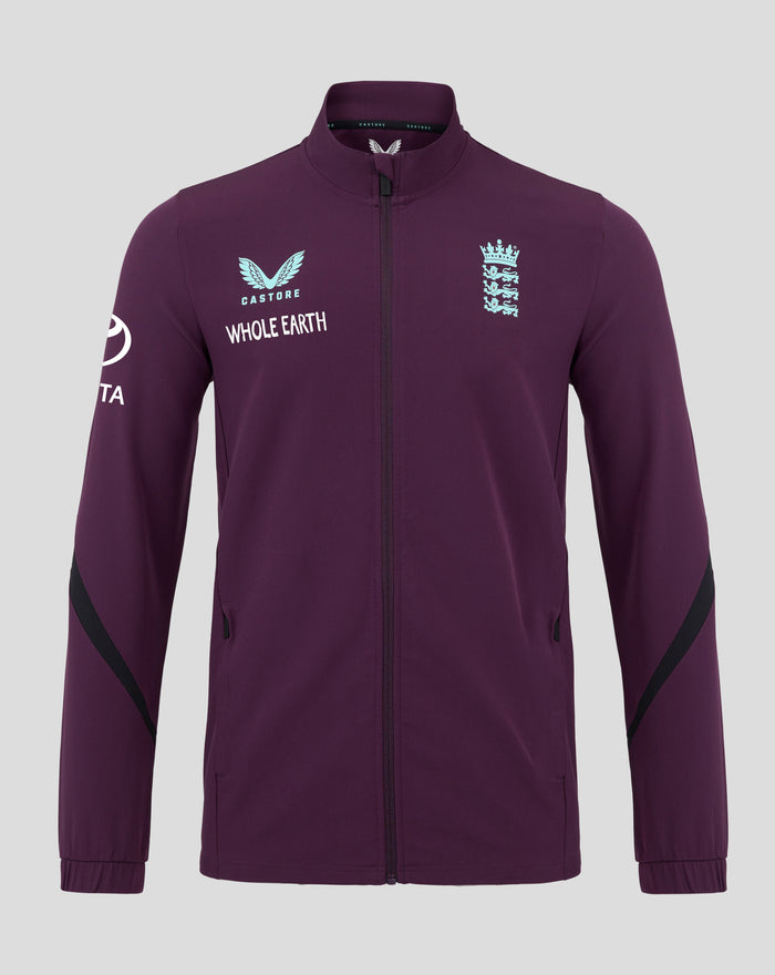 Front view of blackberry England Anthem jacket with crest on the right chest and logos on the left chest