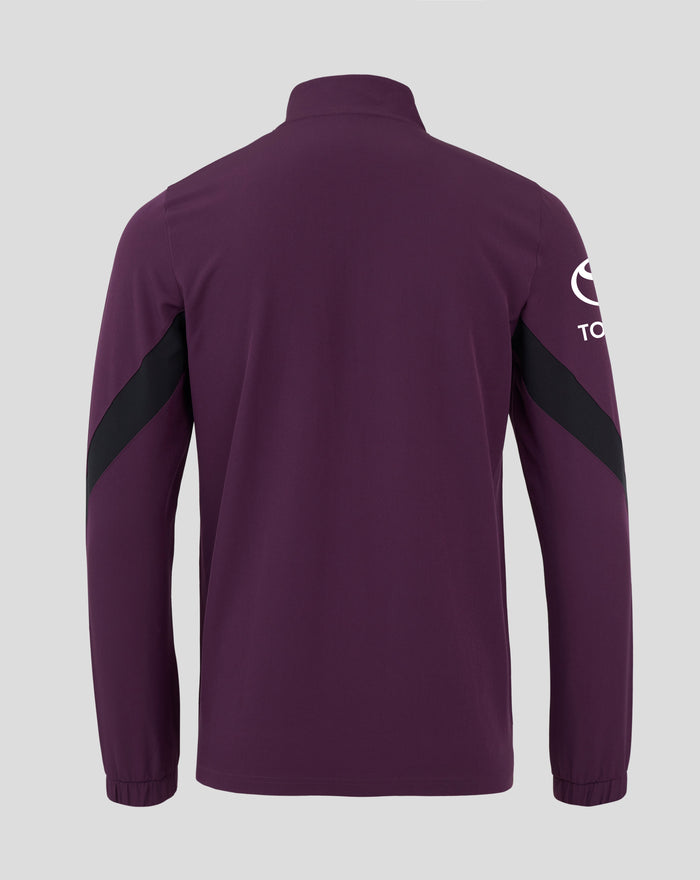 Back view of purple England Cricket Anthem jacket with white emblem on sleeve