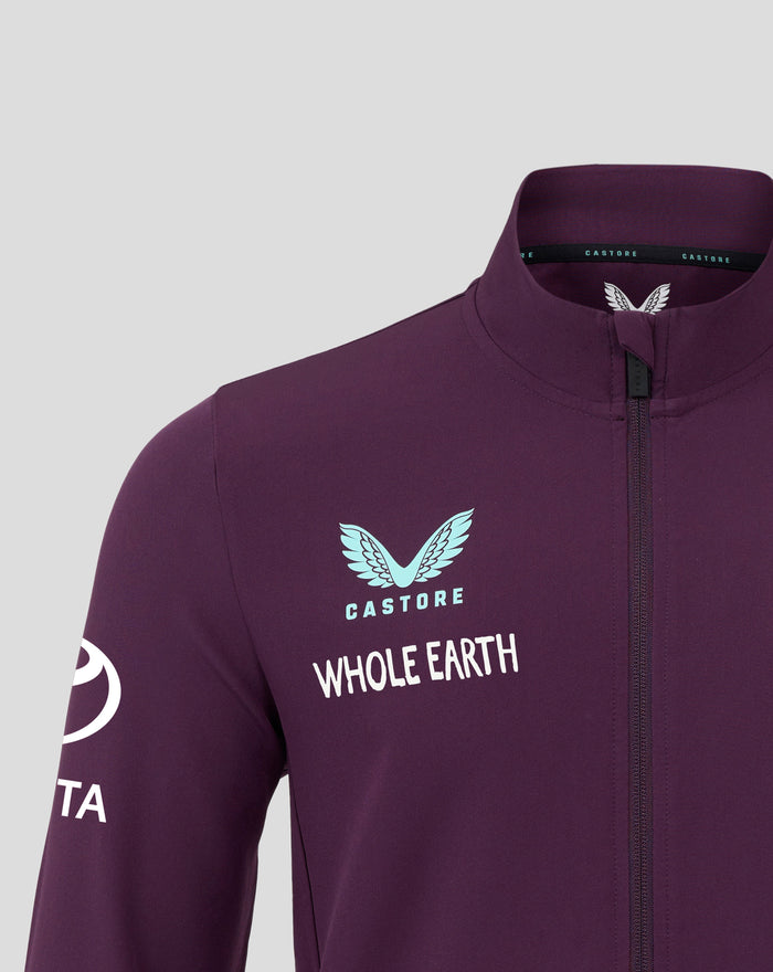 Front close up of purple England Cricket Anthem jacket showing collar and Castore label across neck