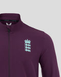 Close up of purple Blackberry England Cricket Anthem jacket collar with Castore branding and crest on chest