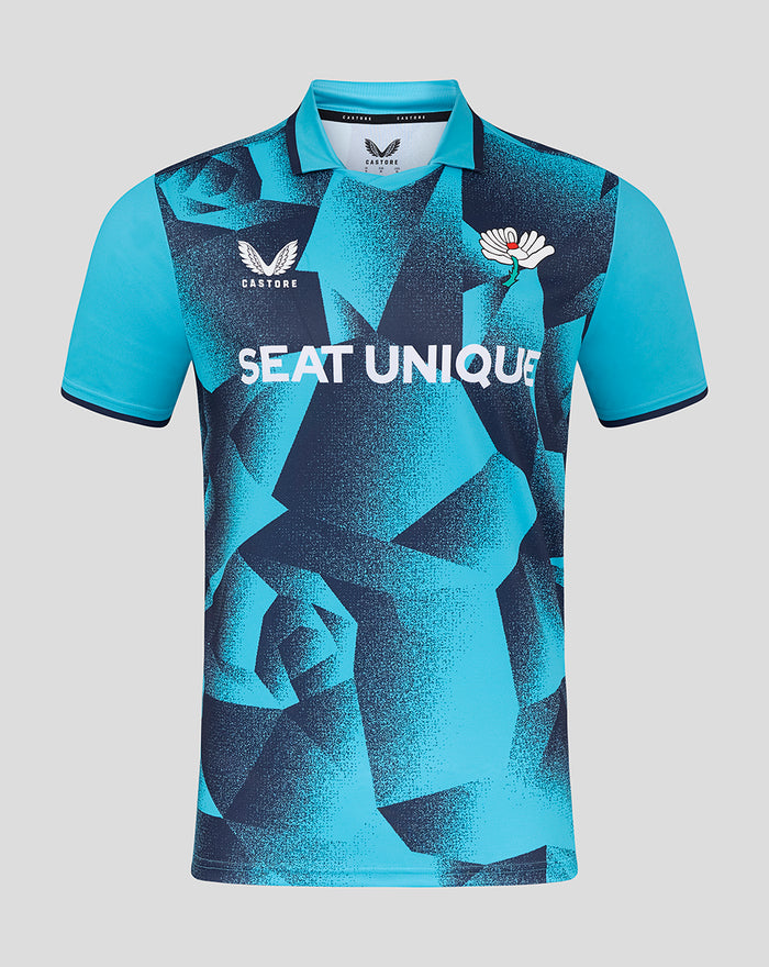 Yorkshire T20 short sleeve playing jersey in turquoise with bold SEAT UNIQUE across the chest