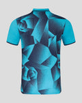 Back view of Yorkshire T20 jersey with turquoise sleeves and bold geometric teal pattern on a navy body