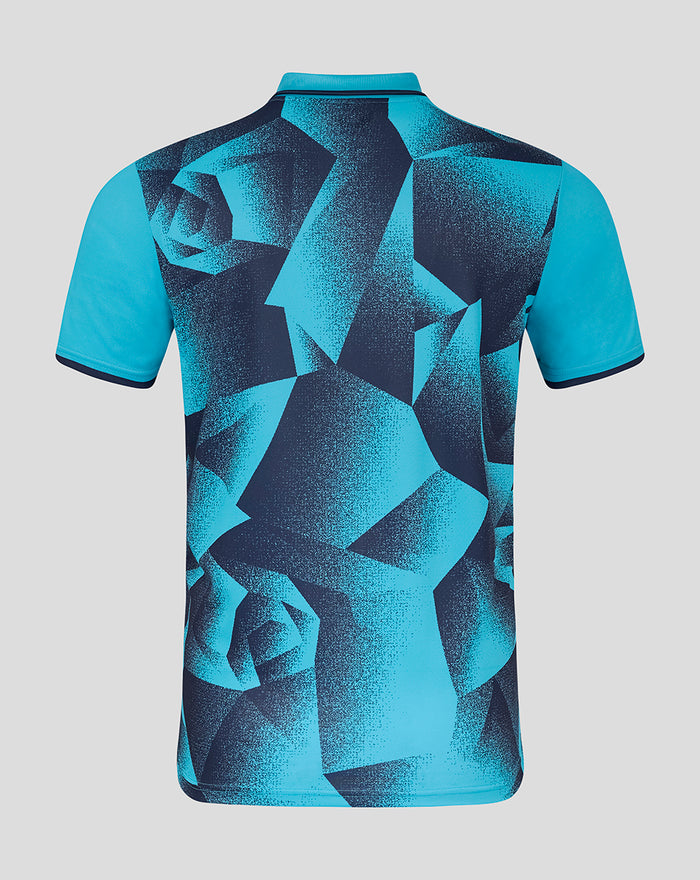 Back view of Yorkshire T20 jersey with turquoise sleeves and bold geometric teal pattern on a navy body