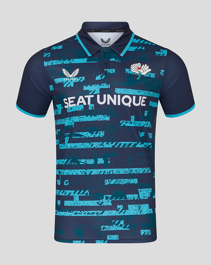 Front view of navy Yorkshire OD short sleeve playing jersey with turquoise trim and bold turquoise graphic pattern and SEAT UNIQUE sponsor