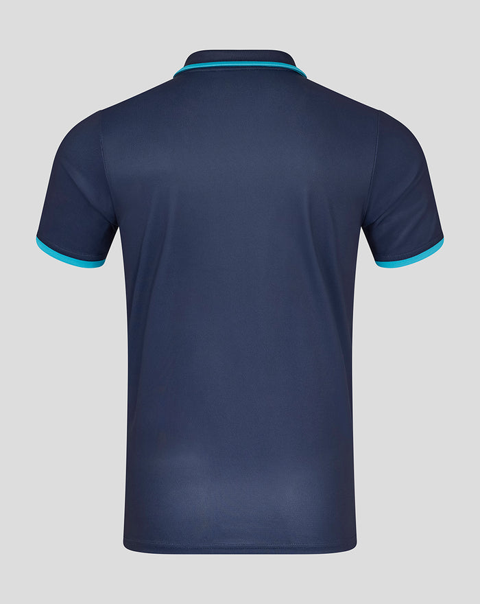 Back view of navy Yorkshire OD short sleeve playing jersey with plain back and turquoise trim on the sleeves