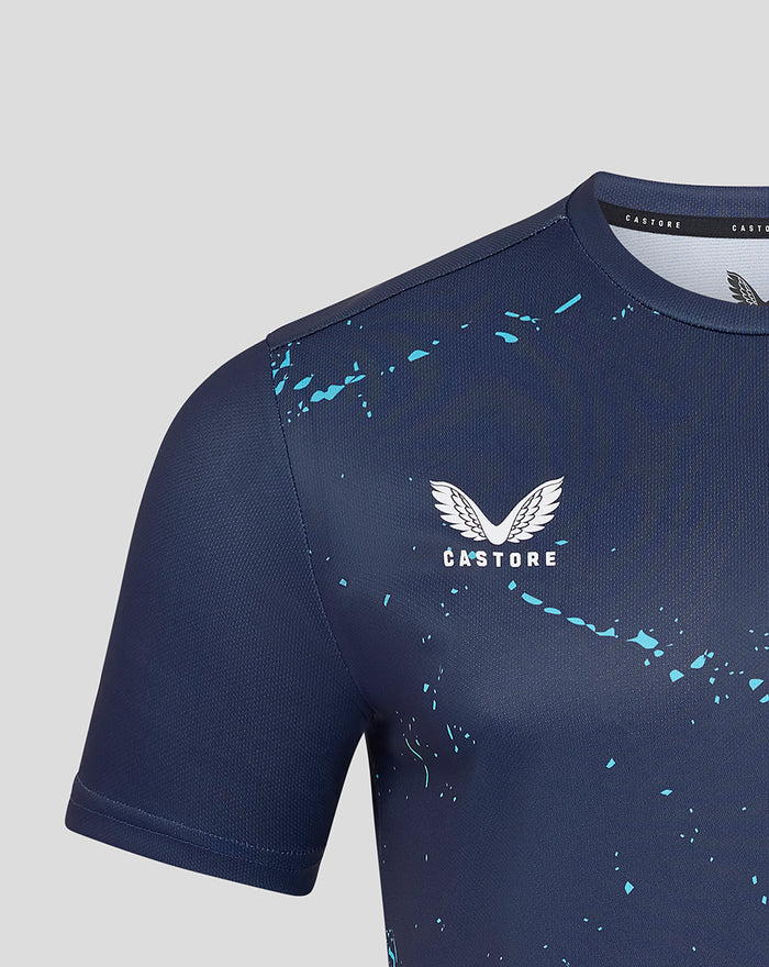 Yorkshire Graphic Short Sleeve Training Jersey in navy with teal splatter print and white Castore wing logo.